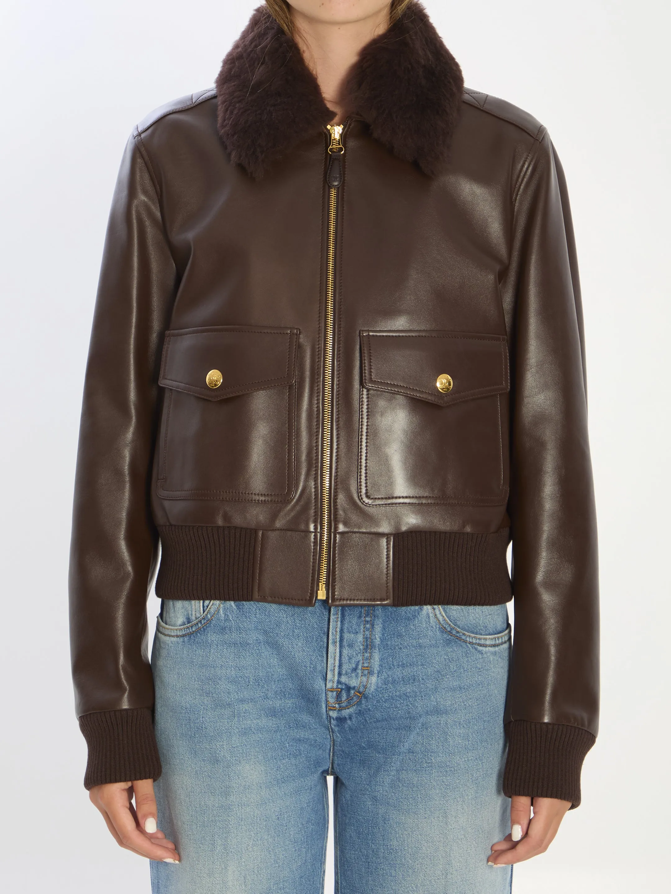 DARK BROWN AVIATOR CALFSKIN BOMBER JACKET sold by Lord & Taylor