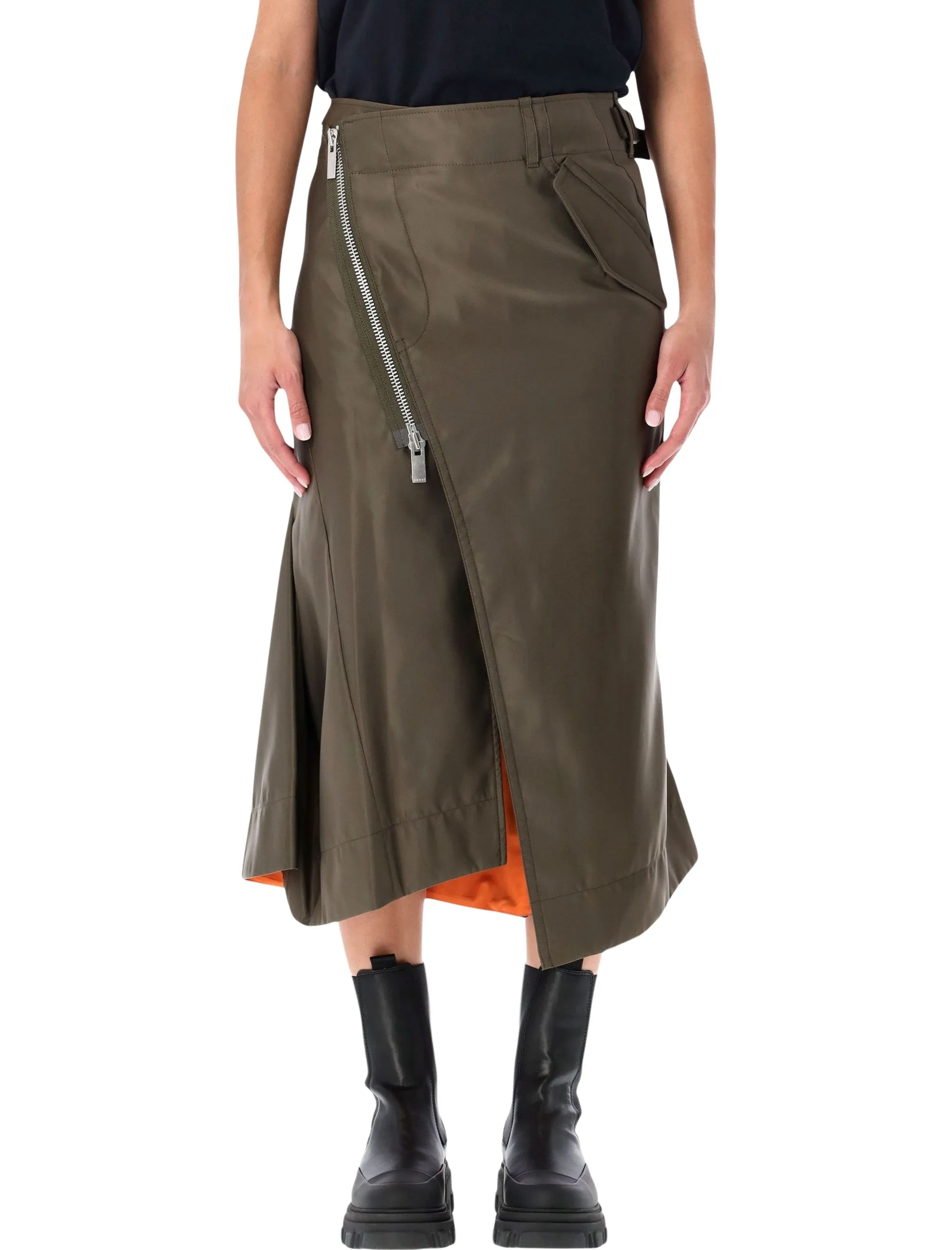 SACAI NYLON TWILL MIDI SKIRT WITH DIAGONAL ZIP sold by Lord & Taylor