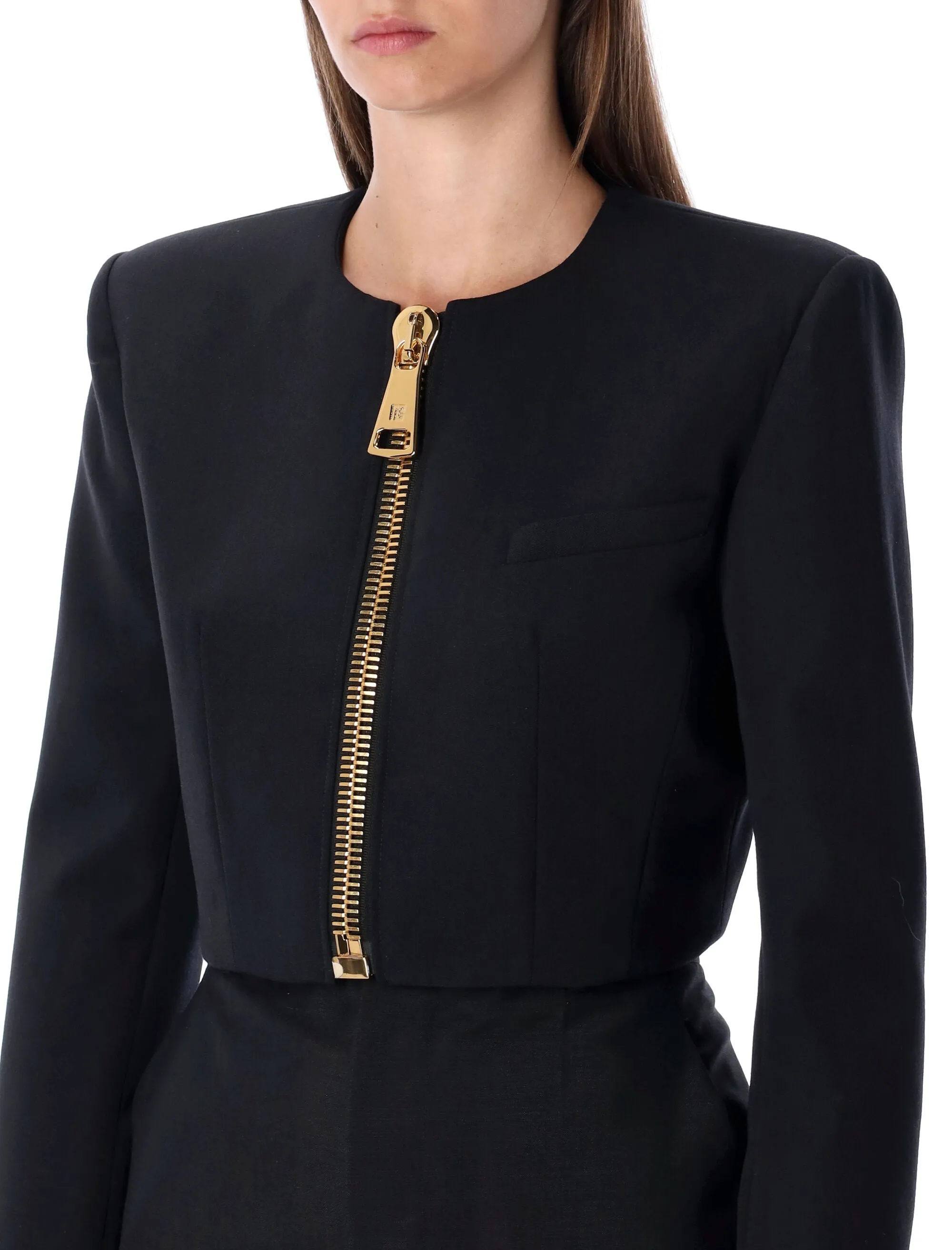 BALMAIN CROPPED BLACK WOOL JACKET WITH GOLD ZIP sold by Lord & Taylor product image thumbnail 3