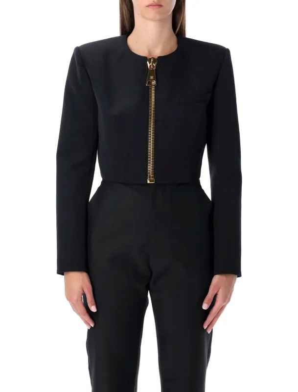 BALMAIN CROPPED BLACK WOOL JACKET WITH GOLD ZIP sold by Lord & Taylor