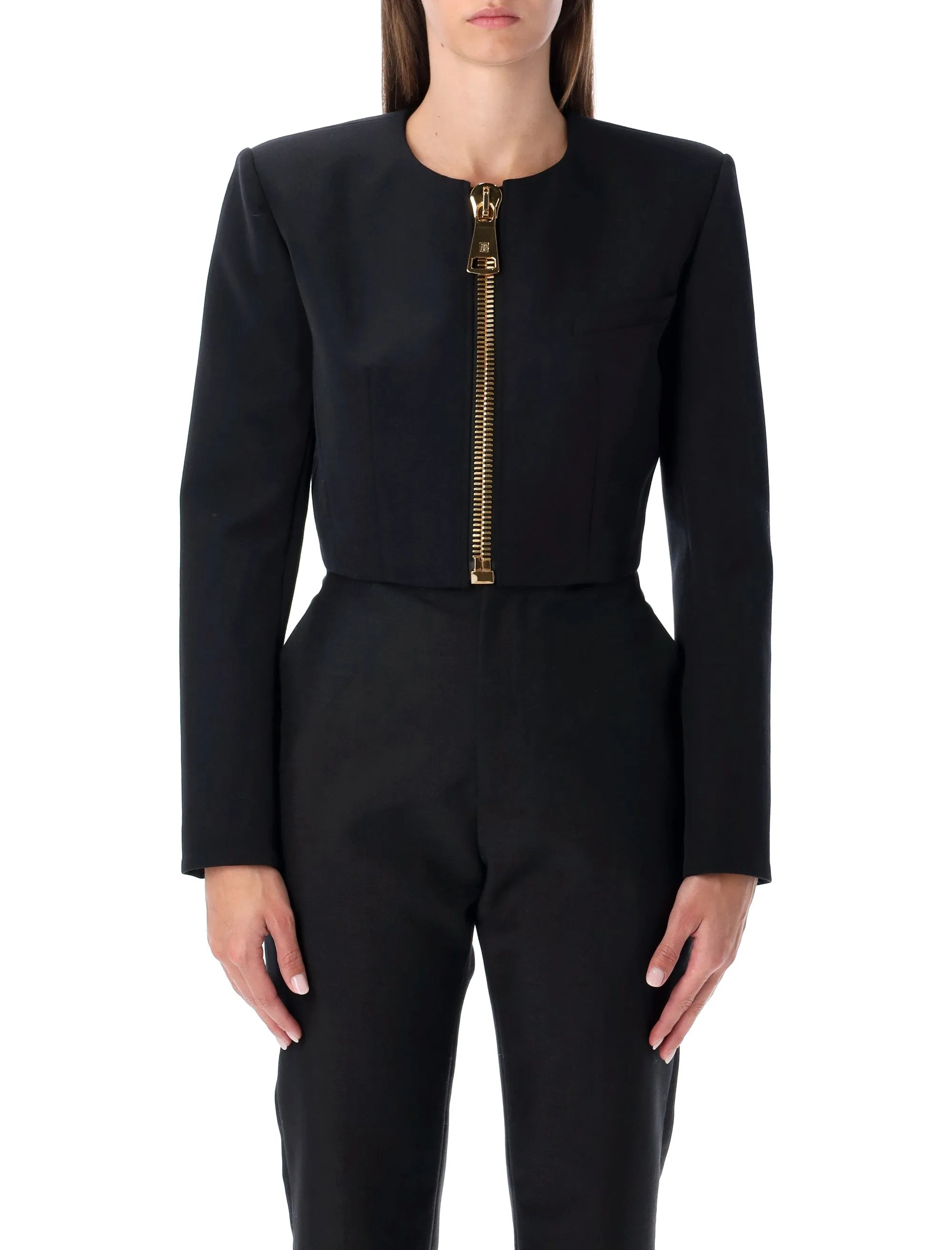 BALMAIN CROPPED BLACK WOOL JACKET WITH GOLD ZIP sold by Lord & Taylor