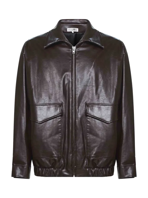 Burgundy Faux Leather Bomber Jacket made by Maison Margiela