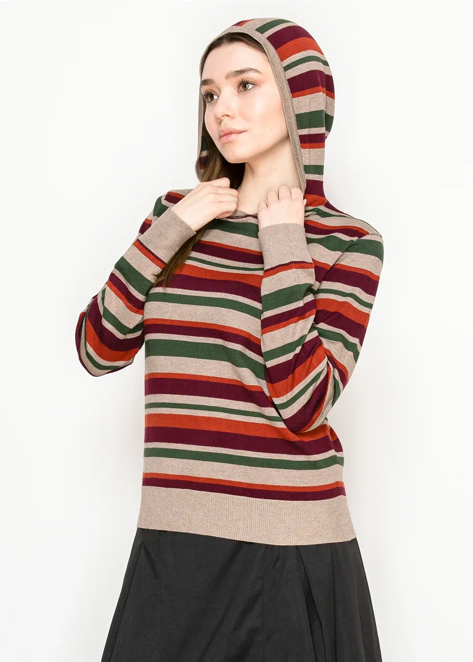 Multi-Stripe Knit Hoodie in Taupe and Burgundy sold by Lord & Taylor product image thumbnail 4