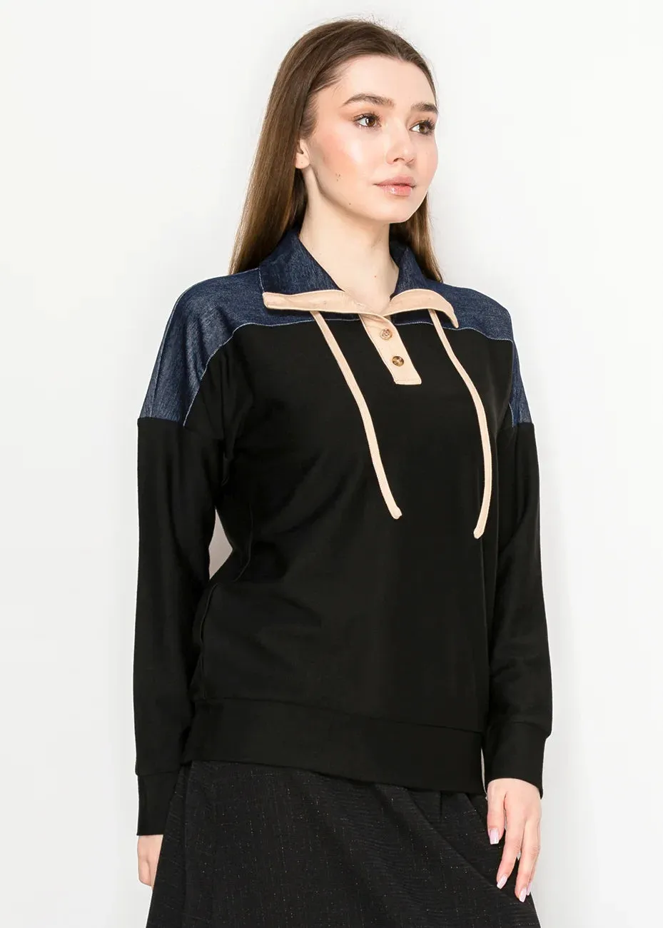 Denim-Trimmed Pullover with Tie Collar sold by Lord & Taylor product image thumbnail 4