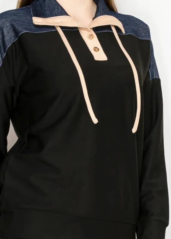 Denim-Trimmed Pullover with Tie Collar sold by Lord & Taylor