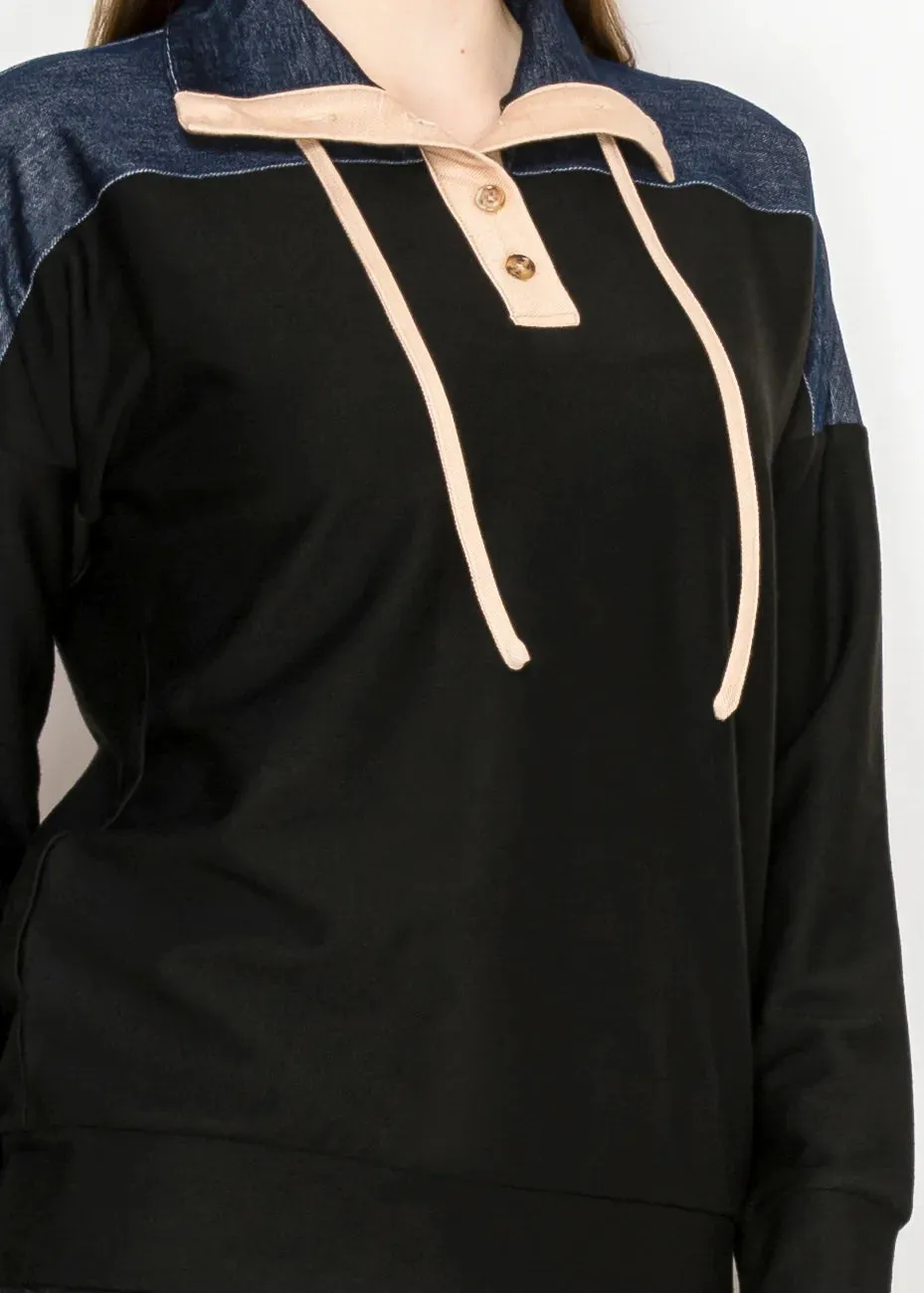 Denim-Trimmed Pullover with Tie Collar sold by Lord & Taylor