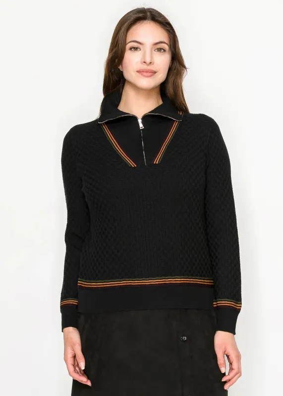 Black Zip-Collar Sweater with Stripe Detail sold by Lord & Taylor