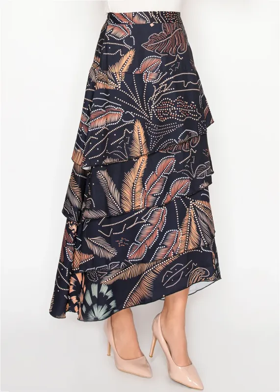 Abstract floral ruffle skirt in navy sold by Lord & Taylor