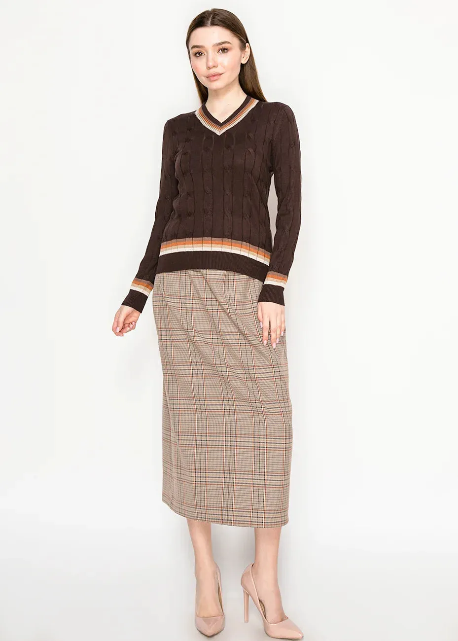 Striped-Trim Brown Knit Top with V-Neck sold by Lord & Taylor product image thumbnail 4