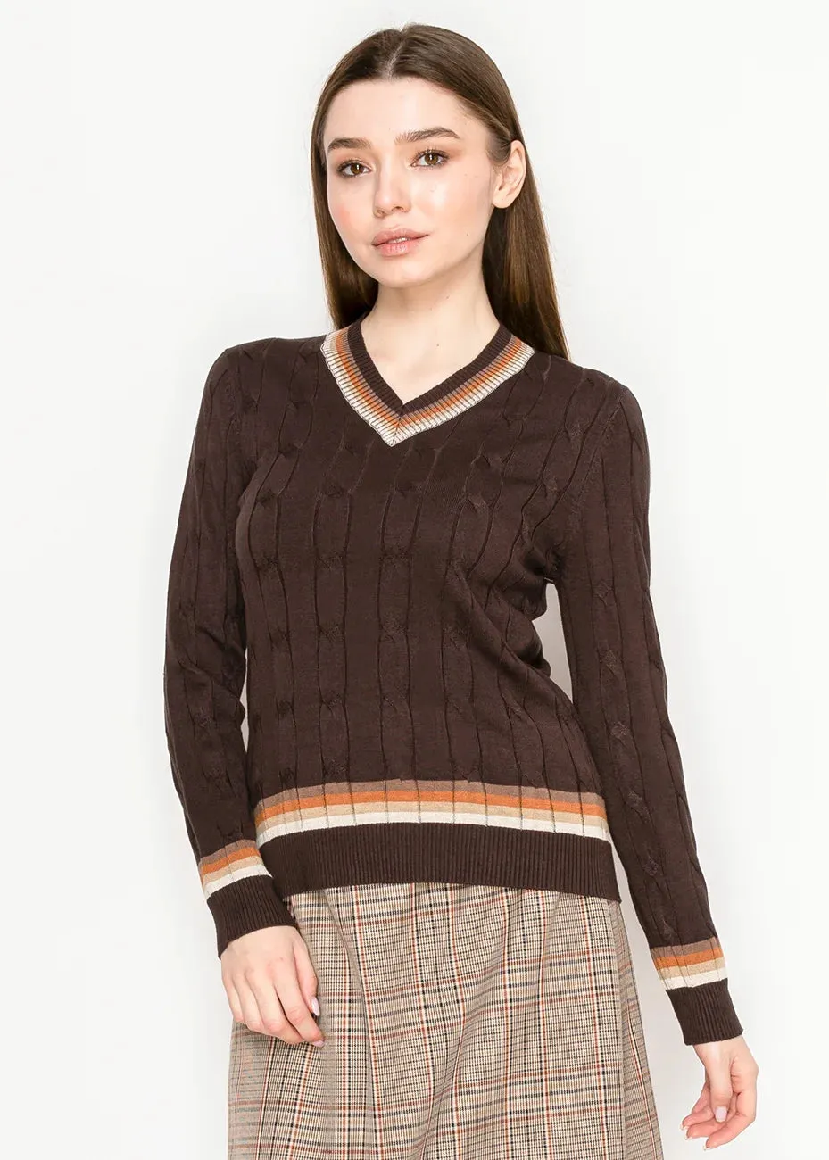 Striped-Trim Brown Knit Top with V-Neck sold by Lord & Taylor product image thumbnail 2