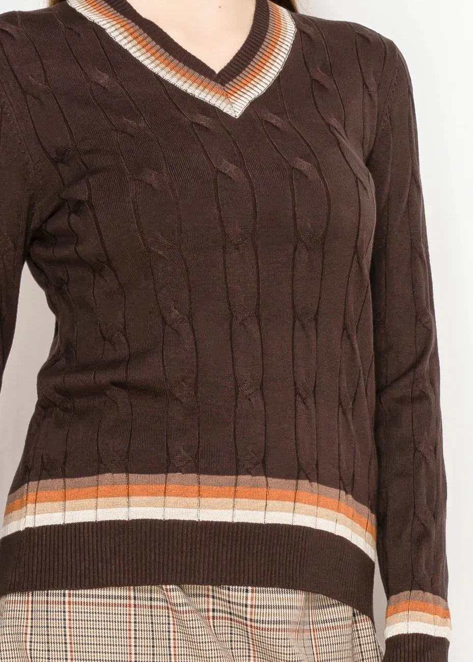 Striped-Trim Brown Knit Top with V-Neck sold by Lord & Taylor product image thumbnail 5