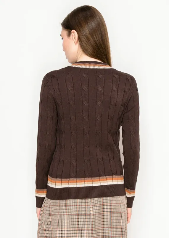 Striped-Trim Brown Knit Top with V-Neck sold by Lord & Taylor