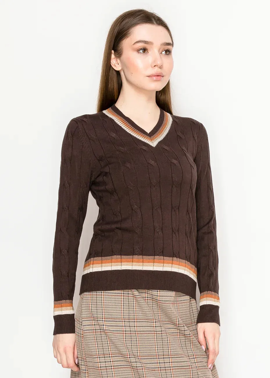 Striped-Trim Brown Knit Top with V-Neck sold by Lord & Taylor product image thumbnail 3