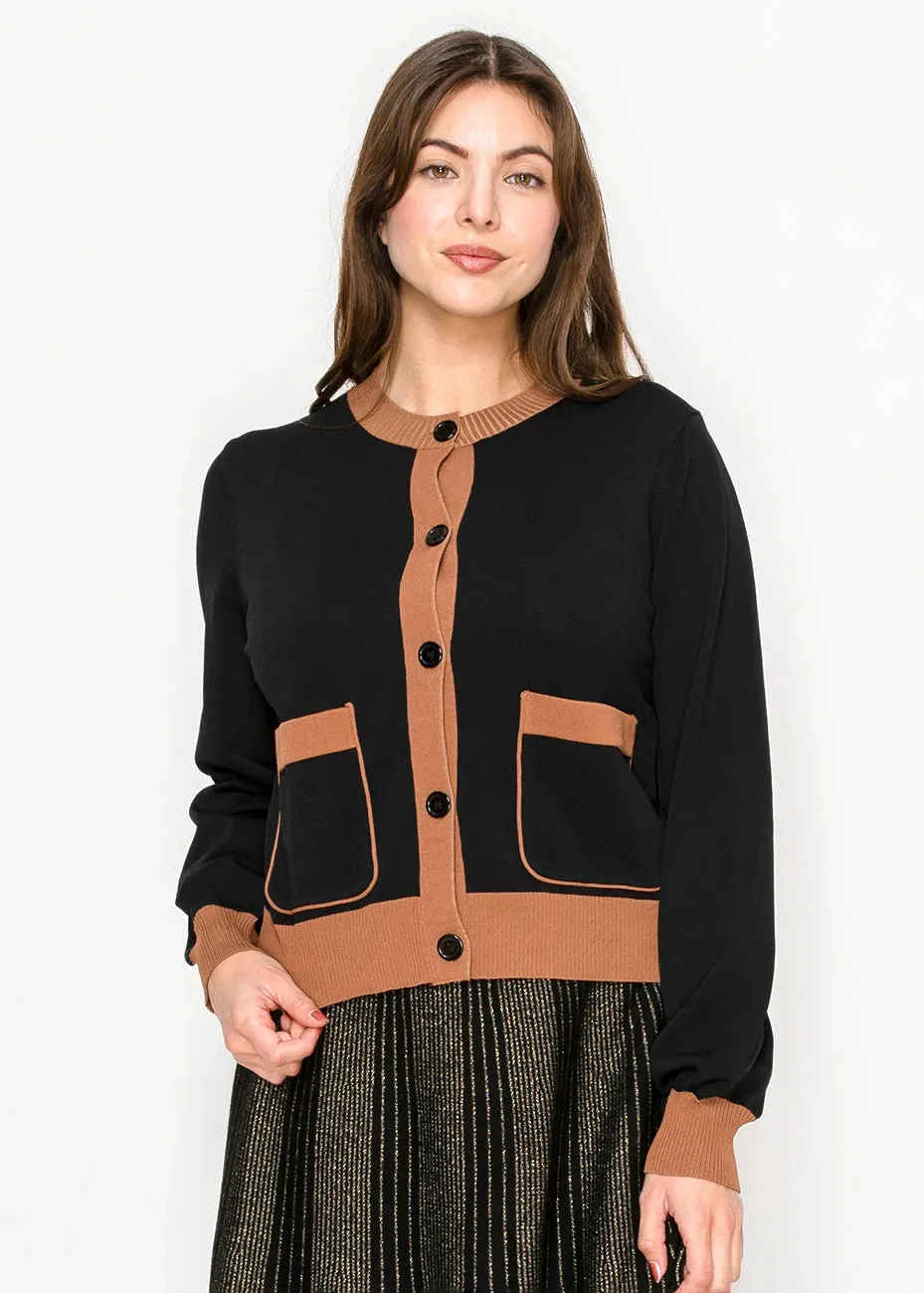 Black Contrast Trim Cardigan with Front Pockets sold by Lord & Taylor