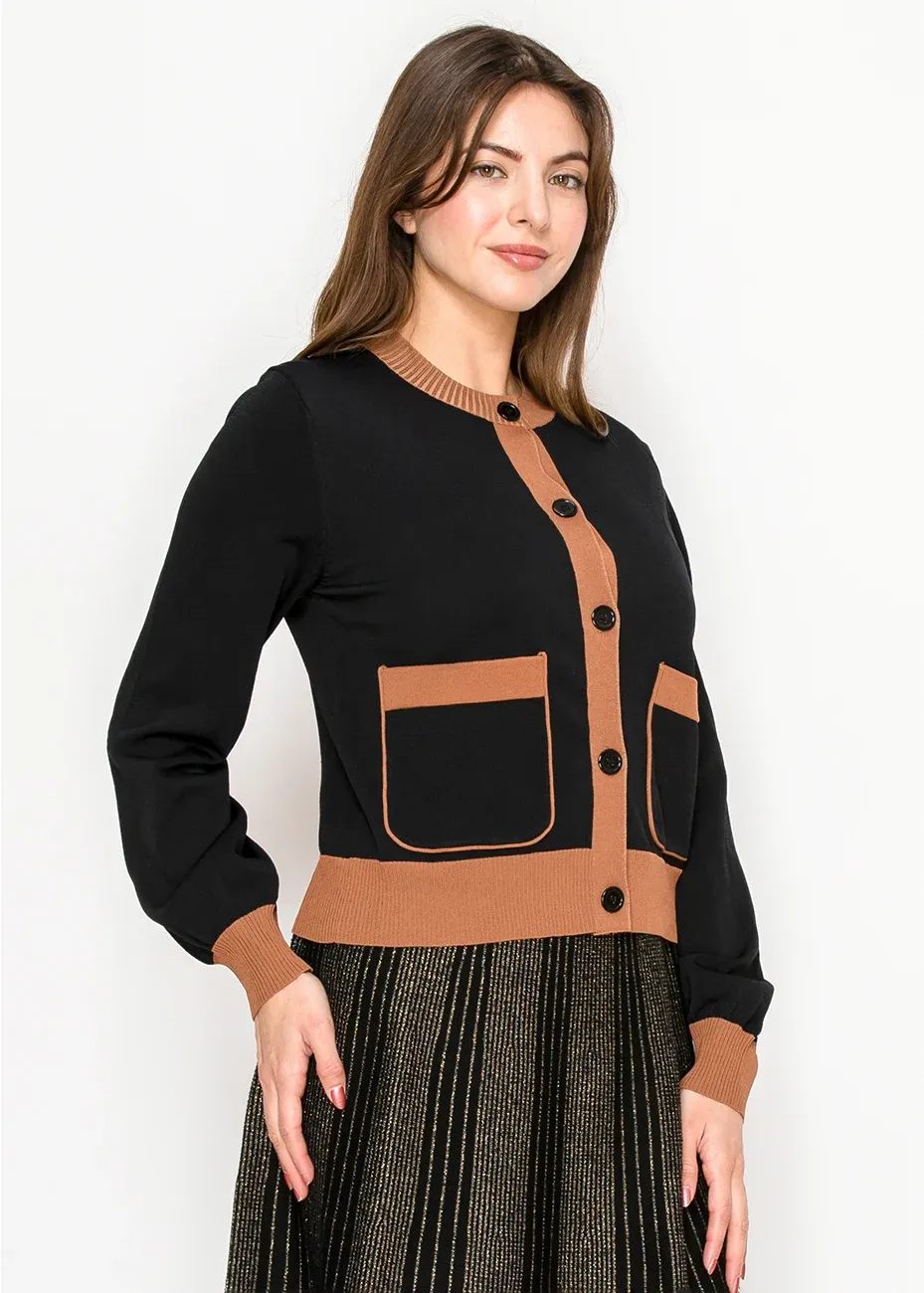 Black Contrast Trim Cardigan with Front Pockets sold by Lord & Taylor product image thumbnail 3