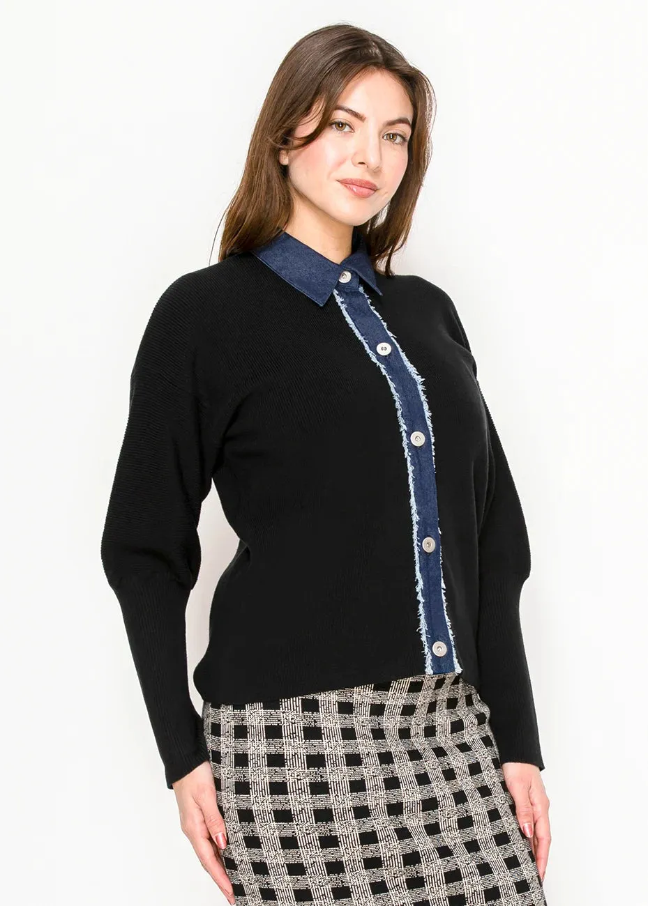 Black Cardigan with Denim Trim sold by Lord & Taylor product image thumbnail 5