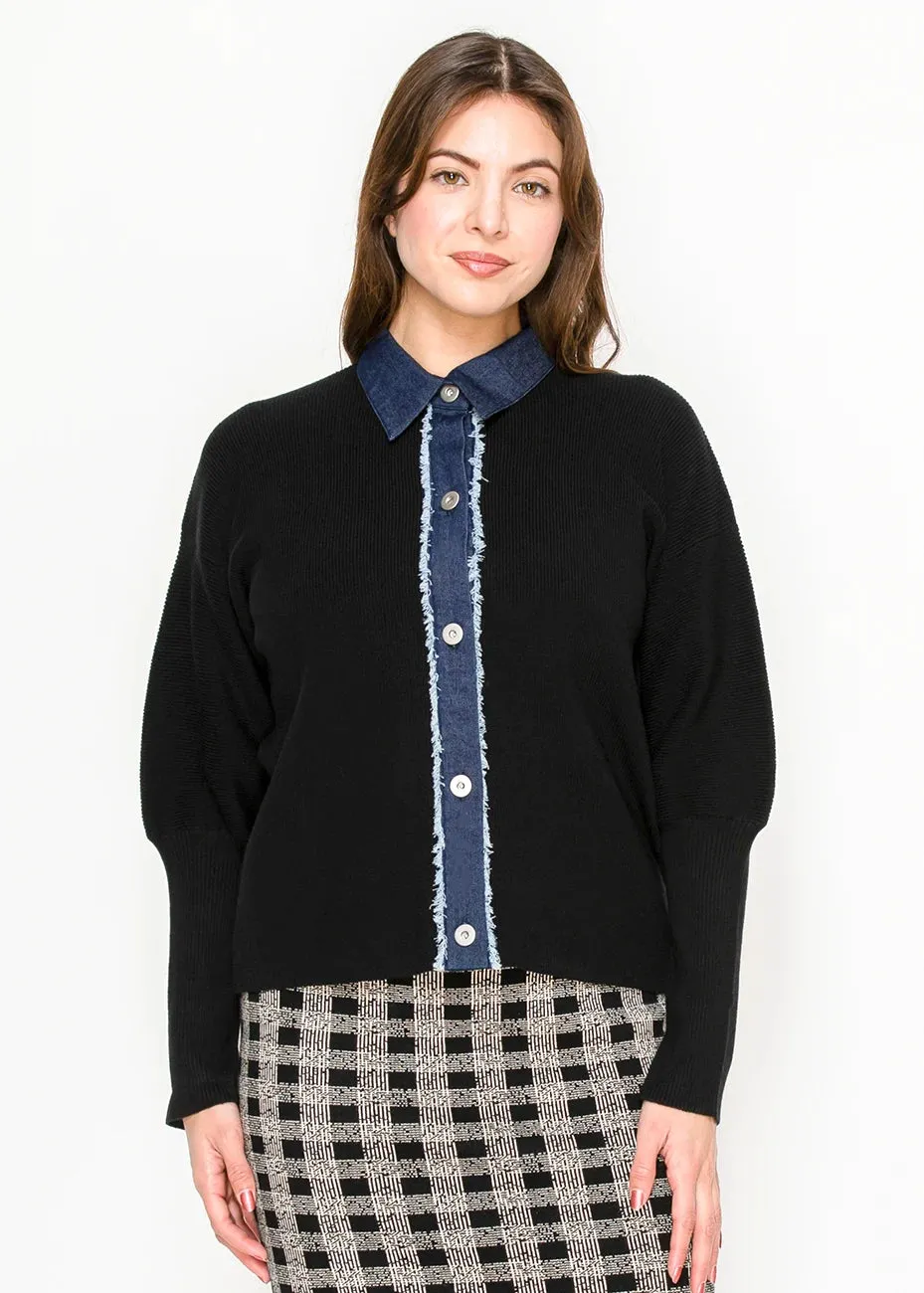 Black Cardigan with Denim Trim sold by Lord & Taylor product image thumbnail 2