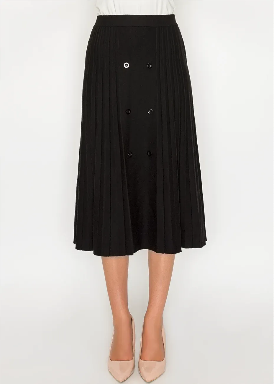 Button-front black pleated knit skirt sold by Lord & Taylor