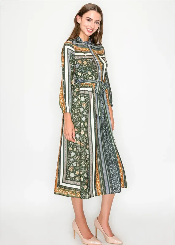 Olive Multi-Pattern Belted Midi Dress sold by Lord & Taylor
