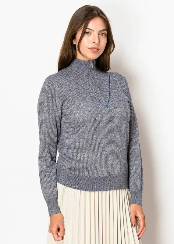 Blue Rib-Knit Sweater with Zip Collar sold by Lord & Taylor