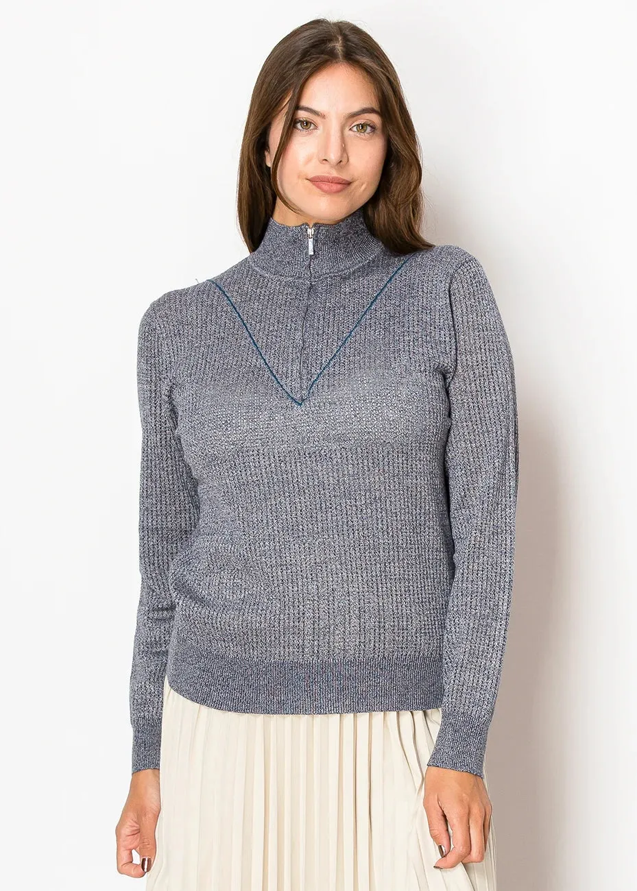 Blue Rib-Knit Sweater with Zip Collar sold by Lord & Taylor product image thumbnail 2