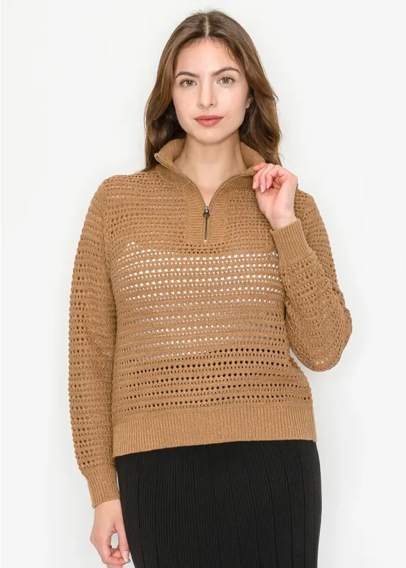 Camel Open-Knit Pullover with Zip Collar sold by Lord & Taylor