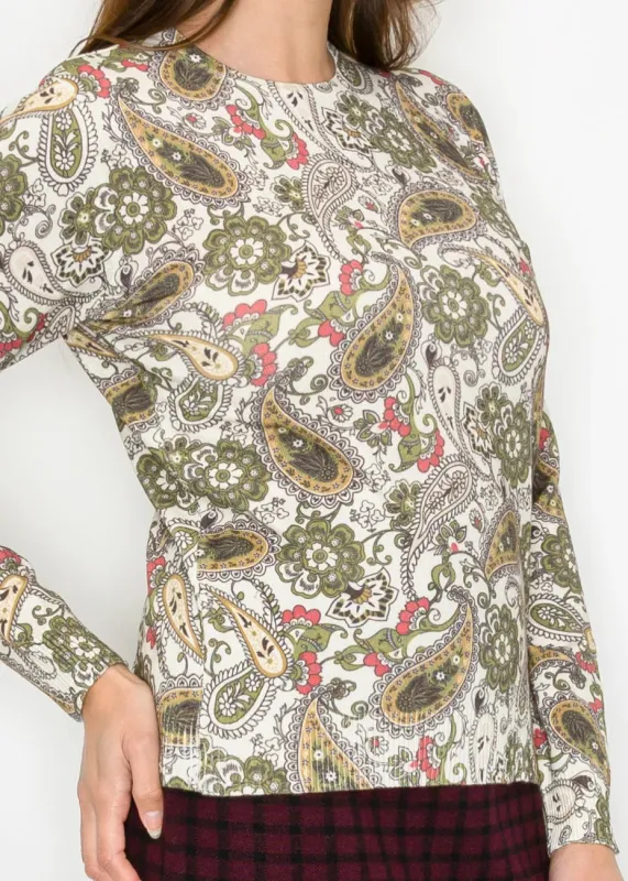 Paisley Crewneck Knit Sweater in Olive sold by Lord & Taylor