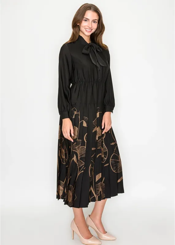 Black Pleated Midi Dress with Tie Neckline sold by Lord & Taylor