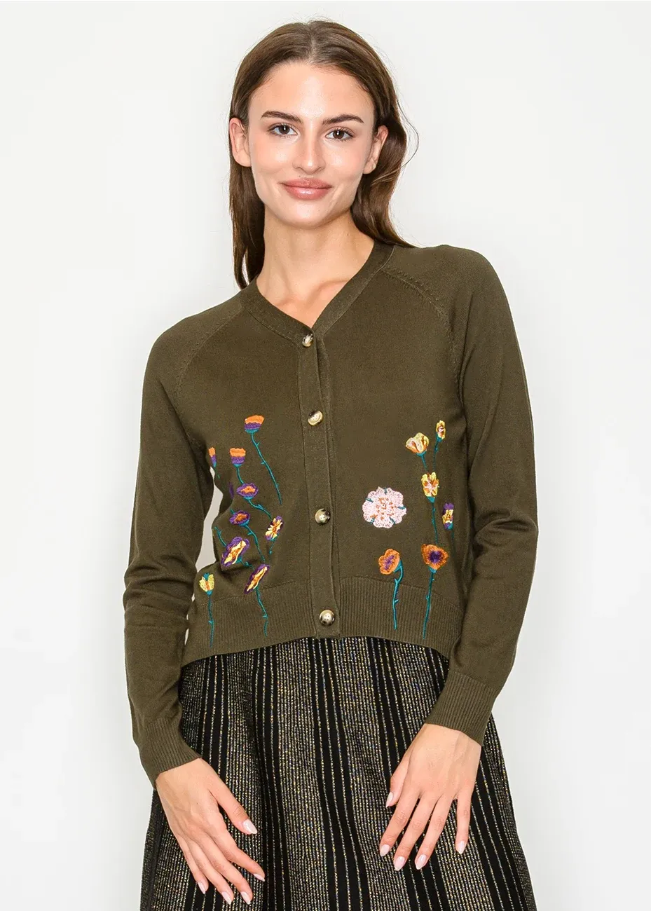 Olive Green Cardigan with Embroidered Flowers sold by Lord & Taylor product image thumbnail 4