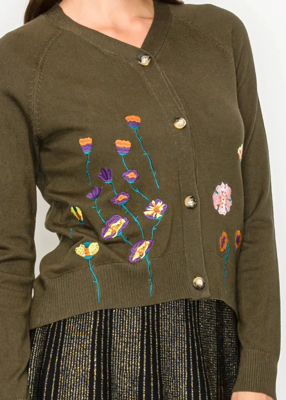 Olive Green Cardigan with Embroidered Flowers sold by Lord & Taylor