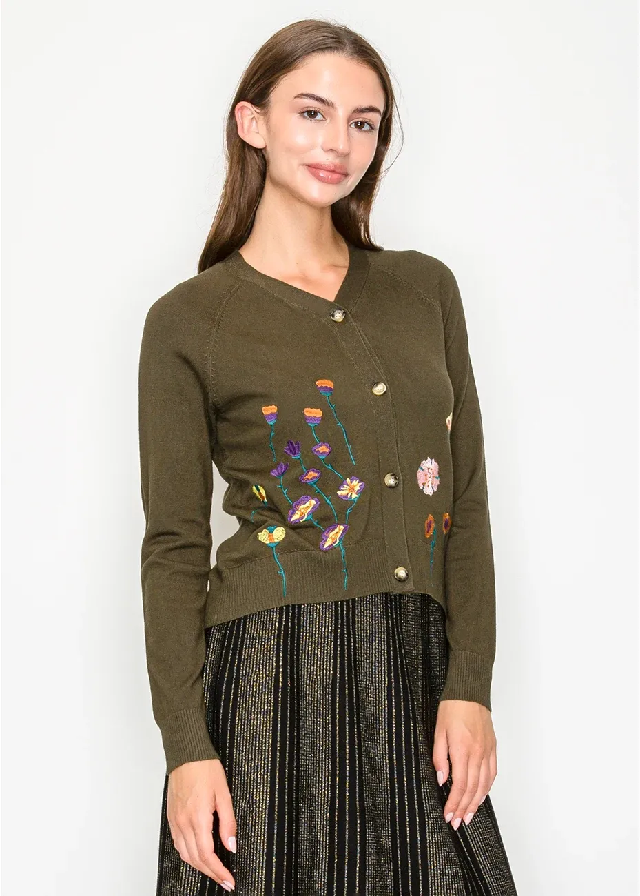 Olive Green Cardigan with Embroidered Flowers sold by Lord & Taylor product image thumbnail 2