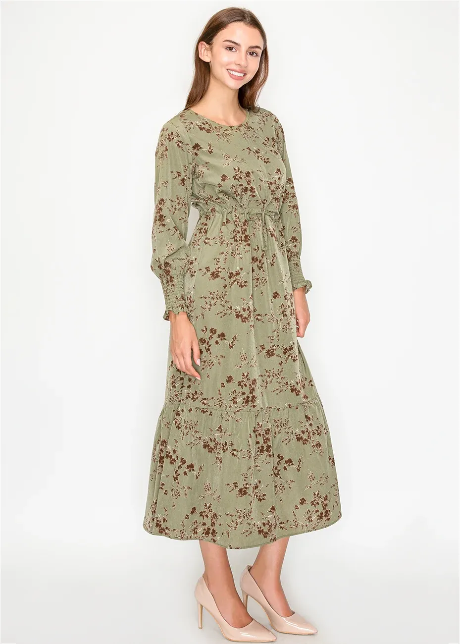 Floral Olive Midi Dress with Waist Tie sold by Lord & Taylor product image thumbnail 4