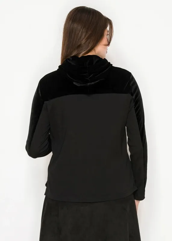 Black pullover hoodie with soft velour accents sold by Lord & Taylor