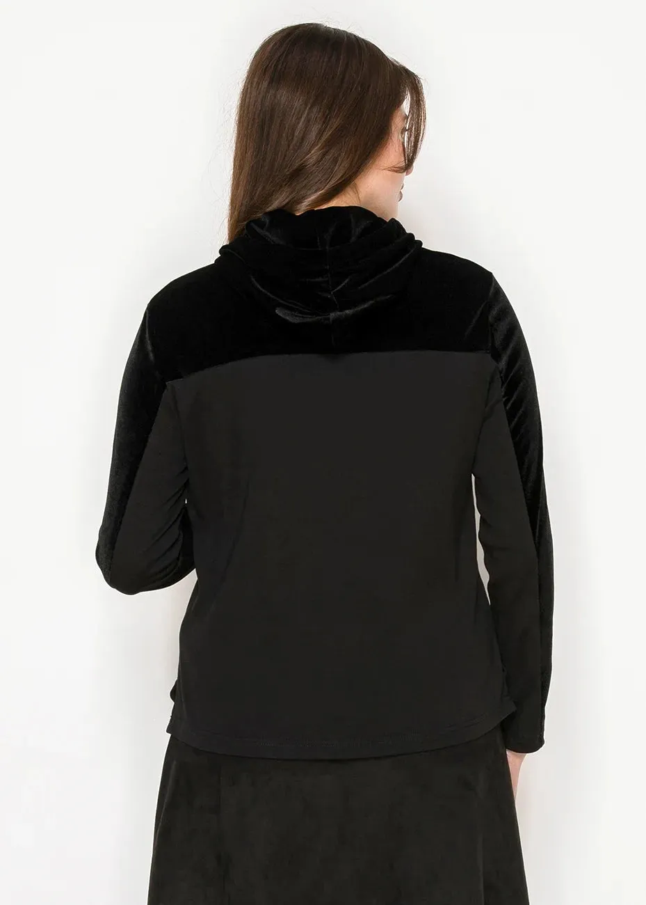 Black pullover hoodie with soft velour accents sold by Lord & Taylor