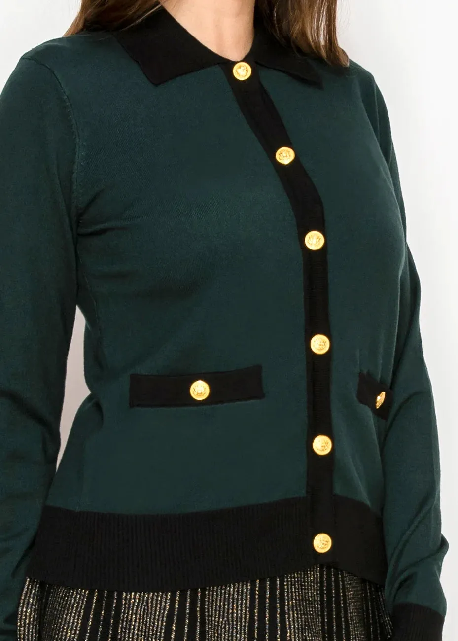 Classic Green Cardigan with Black Trim sold by Lord & Taylor