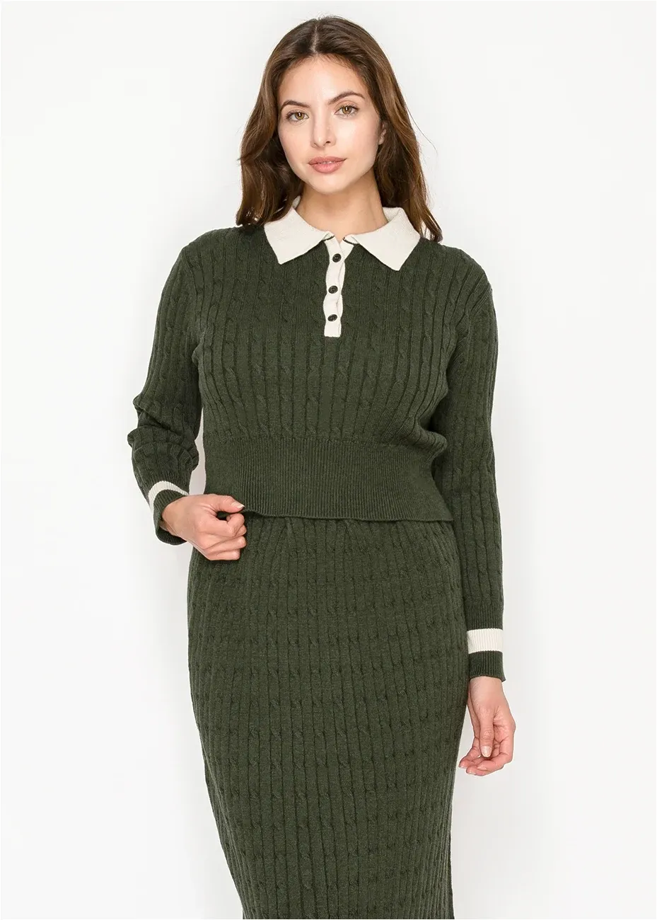 Olive Knit Sweater with Button Polo Neckline sold by Lord & Taylor product image thumbnail 3