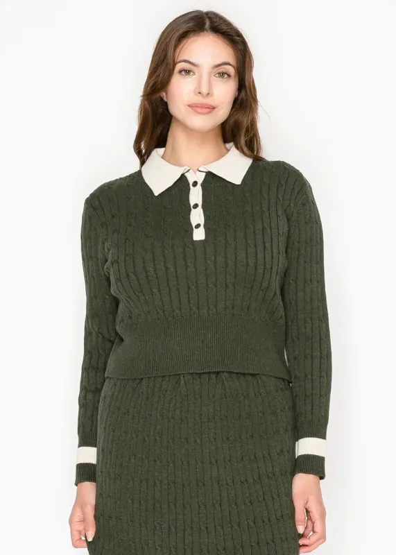 Olive Knit Sweater with Button Polo Neckline sold by Lord & Taylor