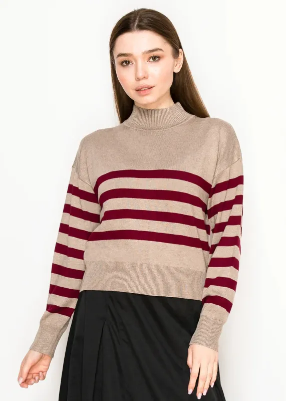 Oatmeal Knit Sweater with Burgundy Stripes sold by Lord & Taylor