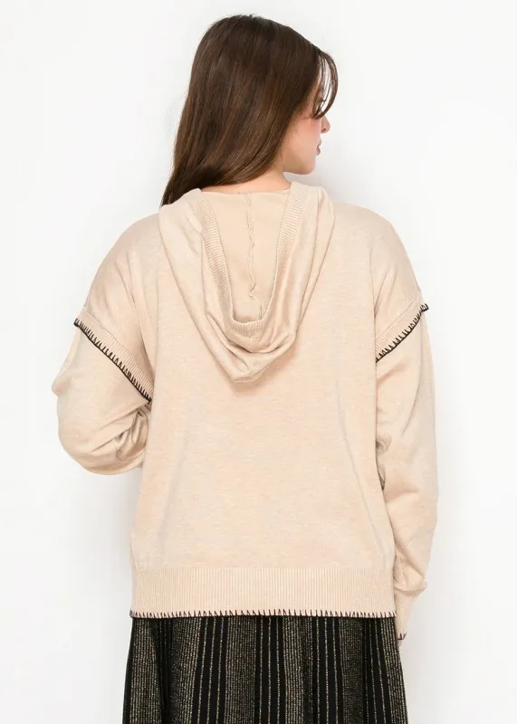 Oatmeal Hoodie Sweater with Contrast Stitch Trim sold by Lord & Taylor
