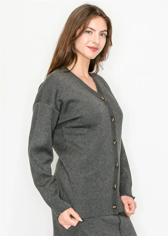 Grey Button Front Knit Cardigan with V-Neck sold by Lord & Taylor