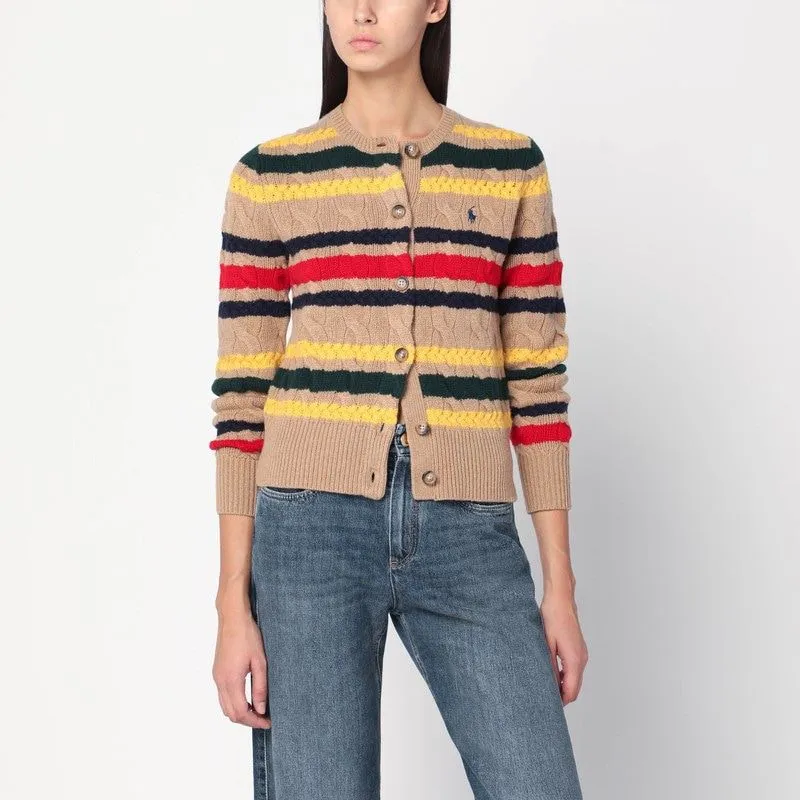 BEIGE CABLE-KNIT STRIPED CARDIGAN sold by Lord & Taylor