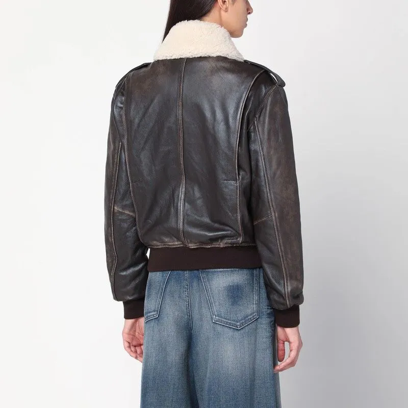 BROWN LEATHER BOMBER JACKET WITH SHEARLING COLLAR sold by Lord & Taylor product image thumbnail 2