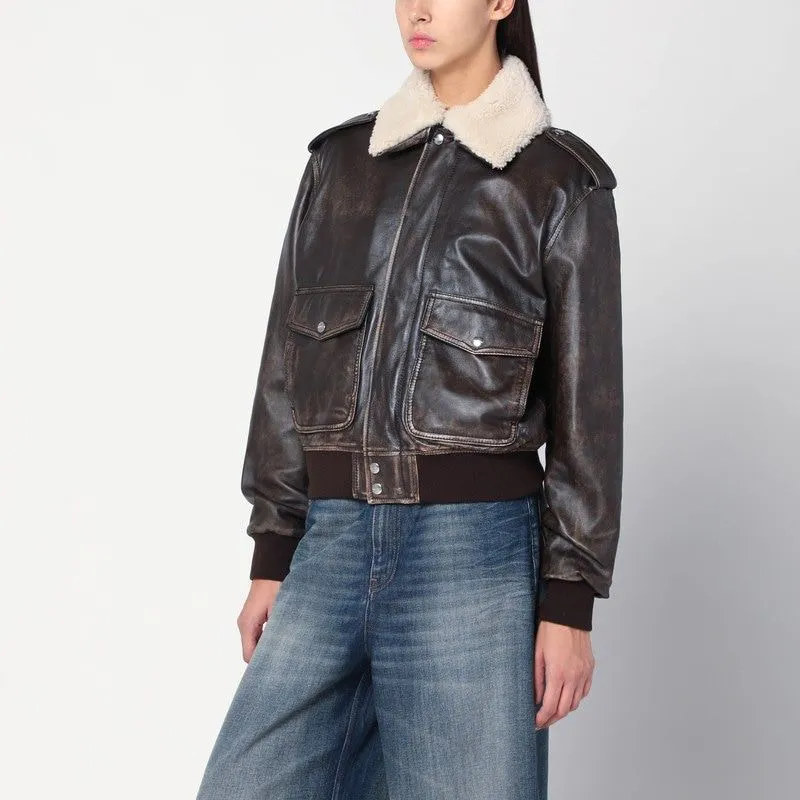 BROWN LEATHER BOMBER JACKET WITH SHEARLING COLLAR sold by Lord & Taylor
