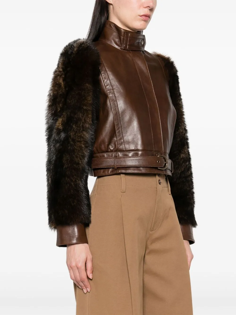 BROWN CROPPED LEATHER AND SHEARLING JACKET sold by Lord & Taylor product image thumbnail 2