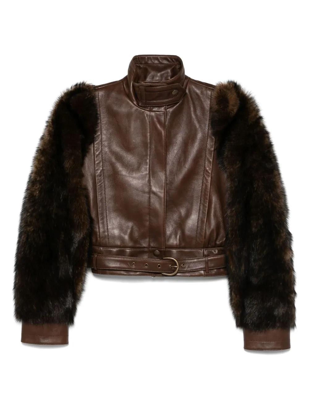 BROWN CROPPED LEATHER AND SHEARLING JACKET sold by Lord & Taylor
