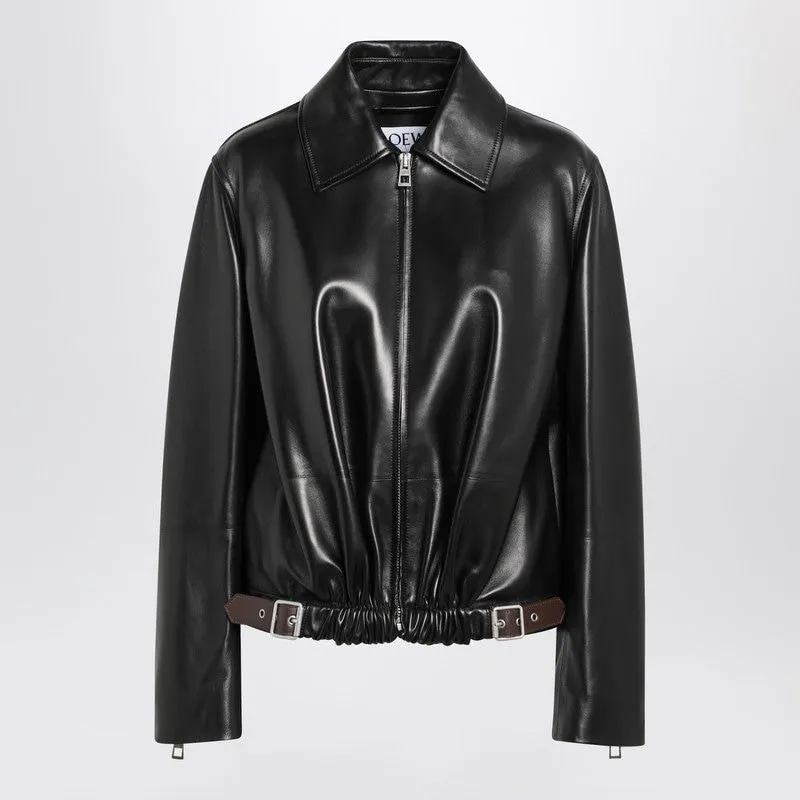 BLACK RUCHED LEATHER JACKET WITH BELT sold by Lord & Taylor