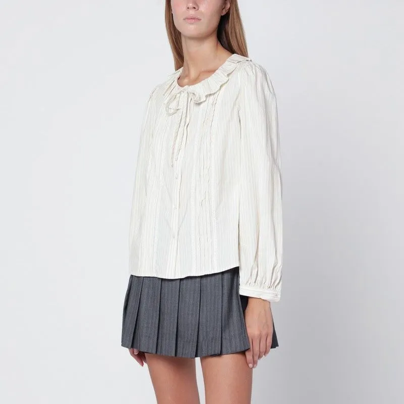 LIGHT BEIGE STRIPED SHIRT WITH RUFFLES sold by Lord & Taylor