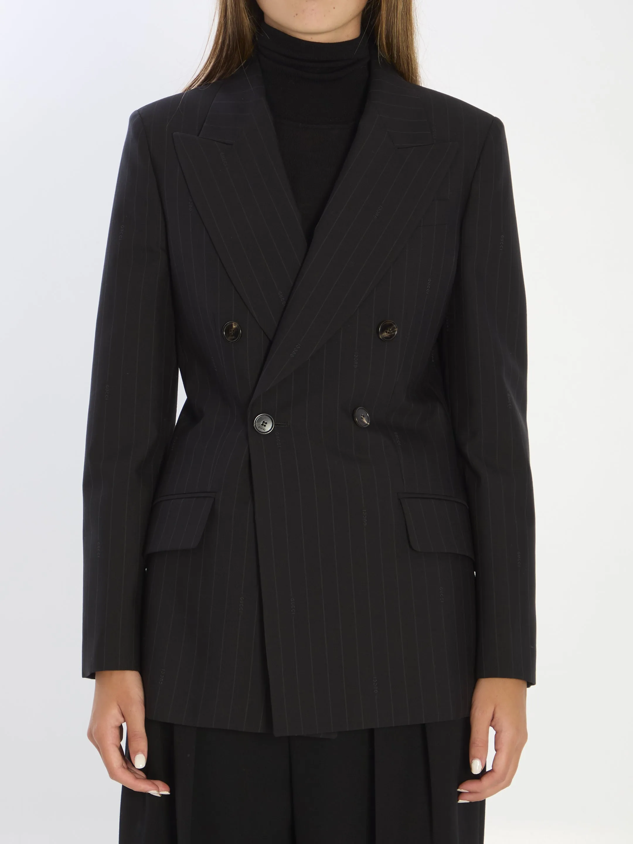 DOUBLE-BREASTED WOOL PINSTRIPE JACKET sold by Lord & Taylor