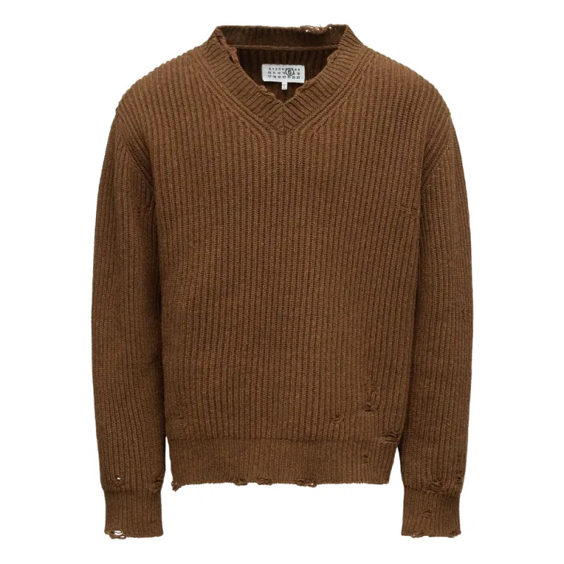 Brown V-Neck Sweater by Mm6 Maison Margiela made by Maison Margiela