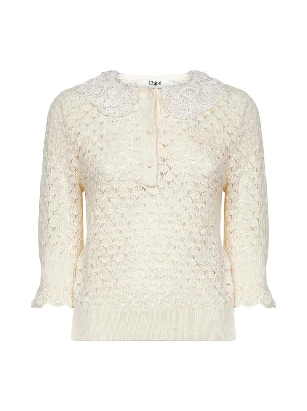 Ivory Knit Polo Shirt with Lace Collar sold by Lord & Taylor